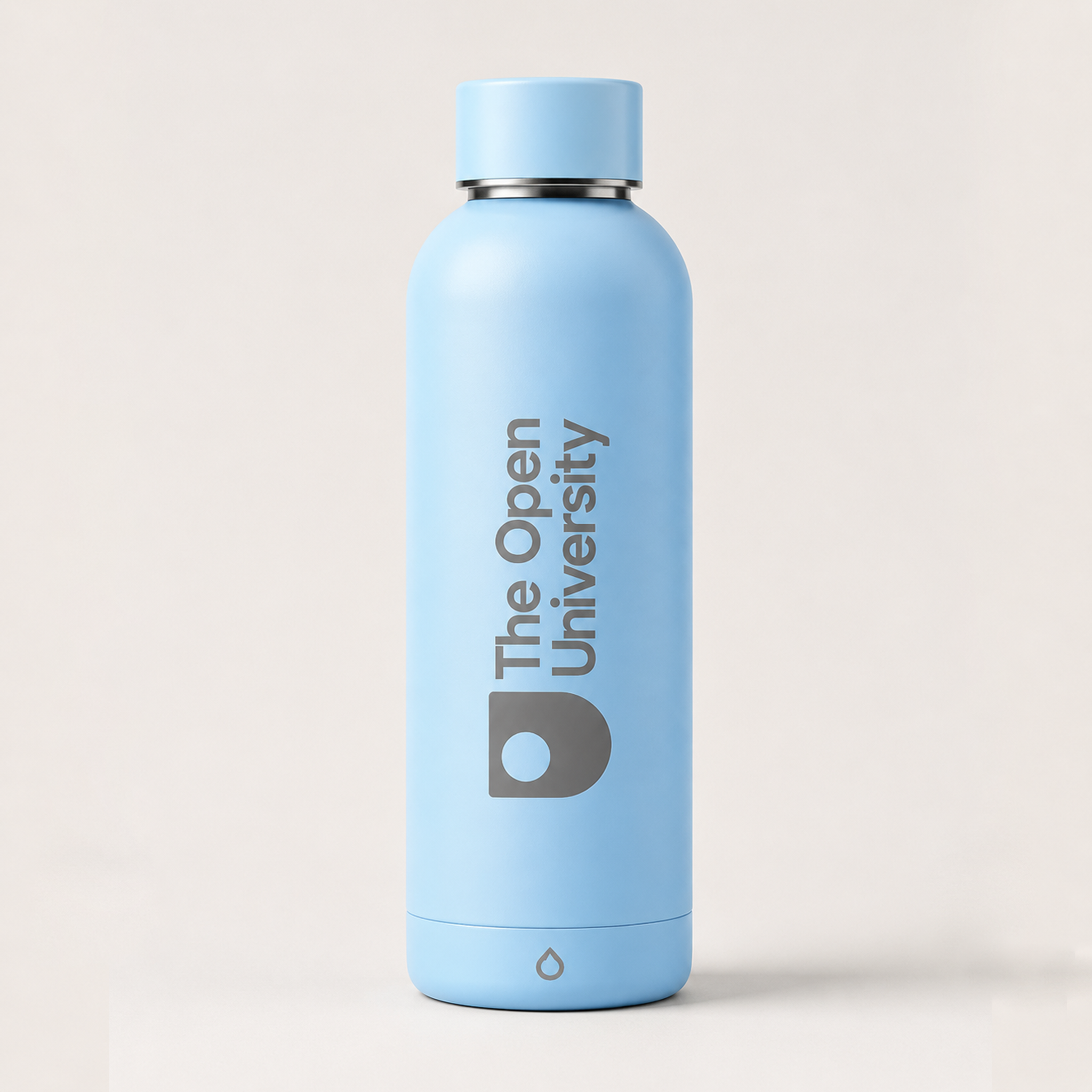 Light blue recycled stainless steel water bottle with a grey Open University logo and wordmark printed vertically on the front, and a matching blue screw-top lid