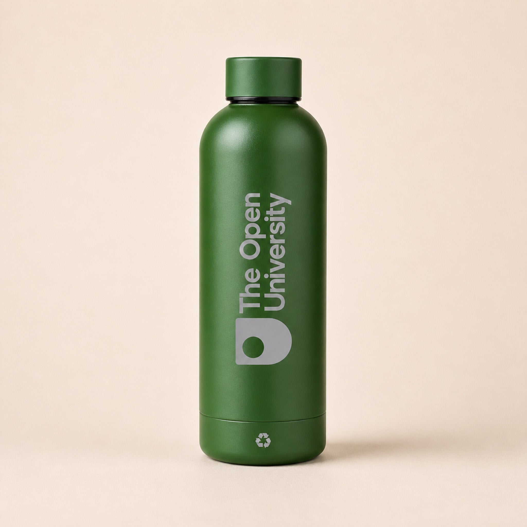 A matte green insulated water bottle with a matching green cap, featuring the vertical white text 'The Open University' and a large white 'D' logo on the front, set against a solid light beige background.