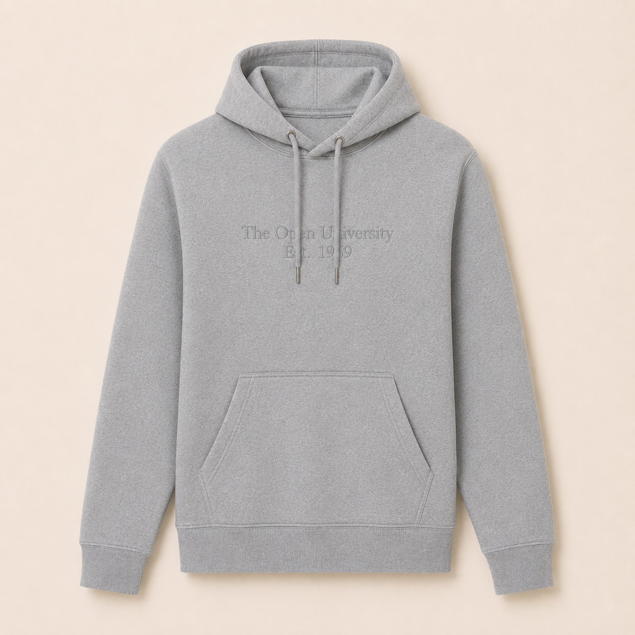 A light gray heather pullover hoodie with 'The Open University Est. 1969' printed in tonal gray text on the chest, displayed flat against a warm beige background.