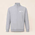A light gray heathered quarter-zip sweatshirt with a white 'The Open University' logo on the left chest, displayed on a neutral beige background.