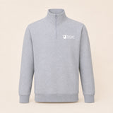 A light gray heathered quarter-zip sweatshirt with a white 'The Open University' logo on the left chest, displayed on a neutral beige background.