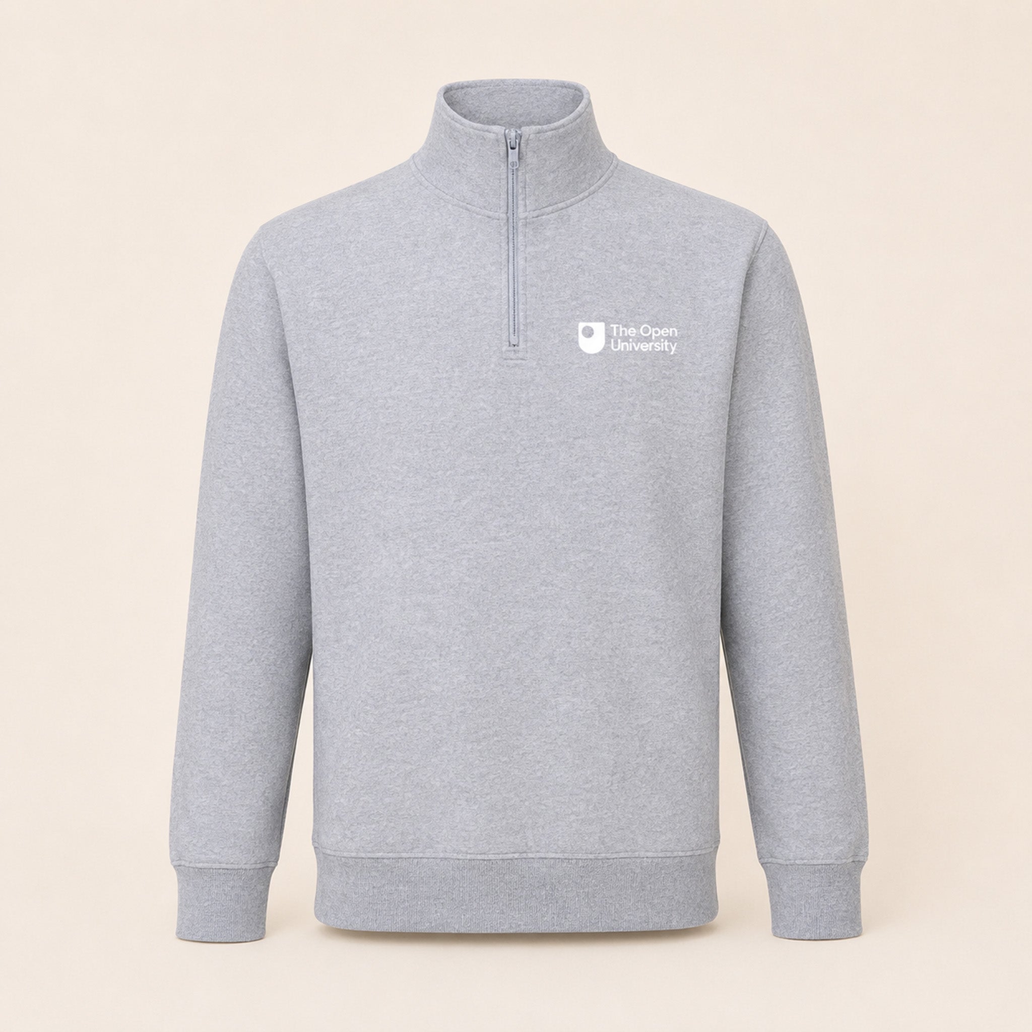 A light gray heathered quarter-zip sweatshirt with a white 'The Open University' logo on the left chest, displayed on a neutral beige background.