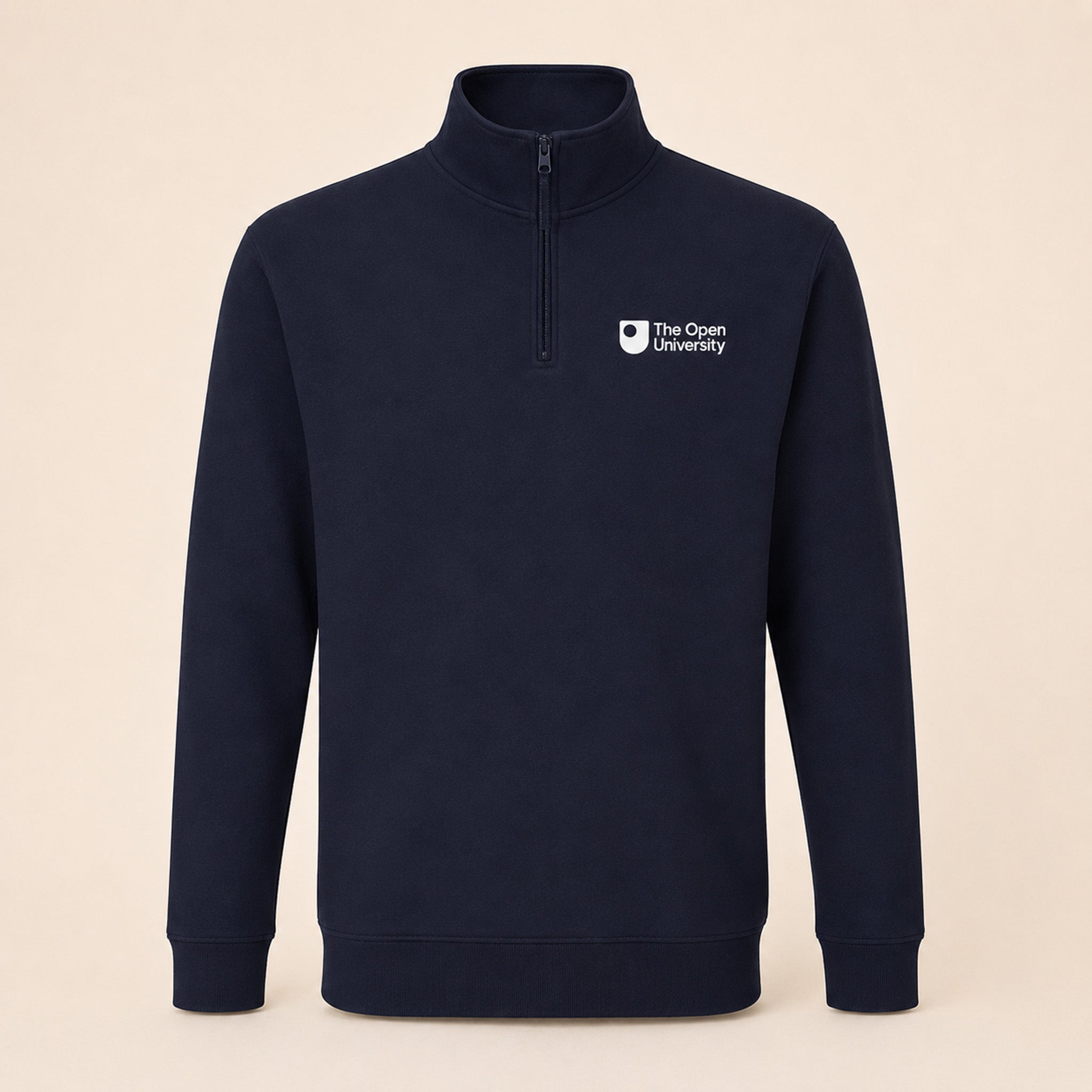 A navy blue quarter-zip sweatshirt with a white printed 'The Open University' logo on the left chest, displayed on a solid beige background.