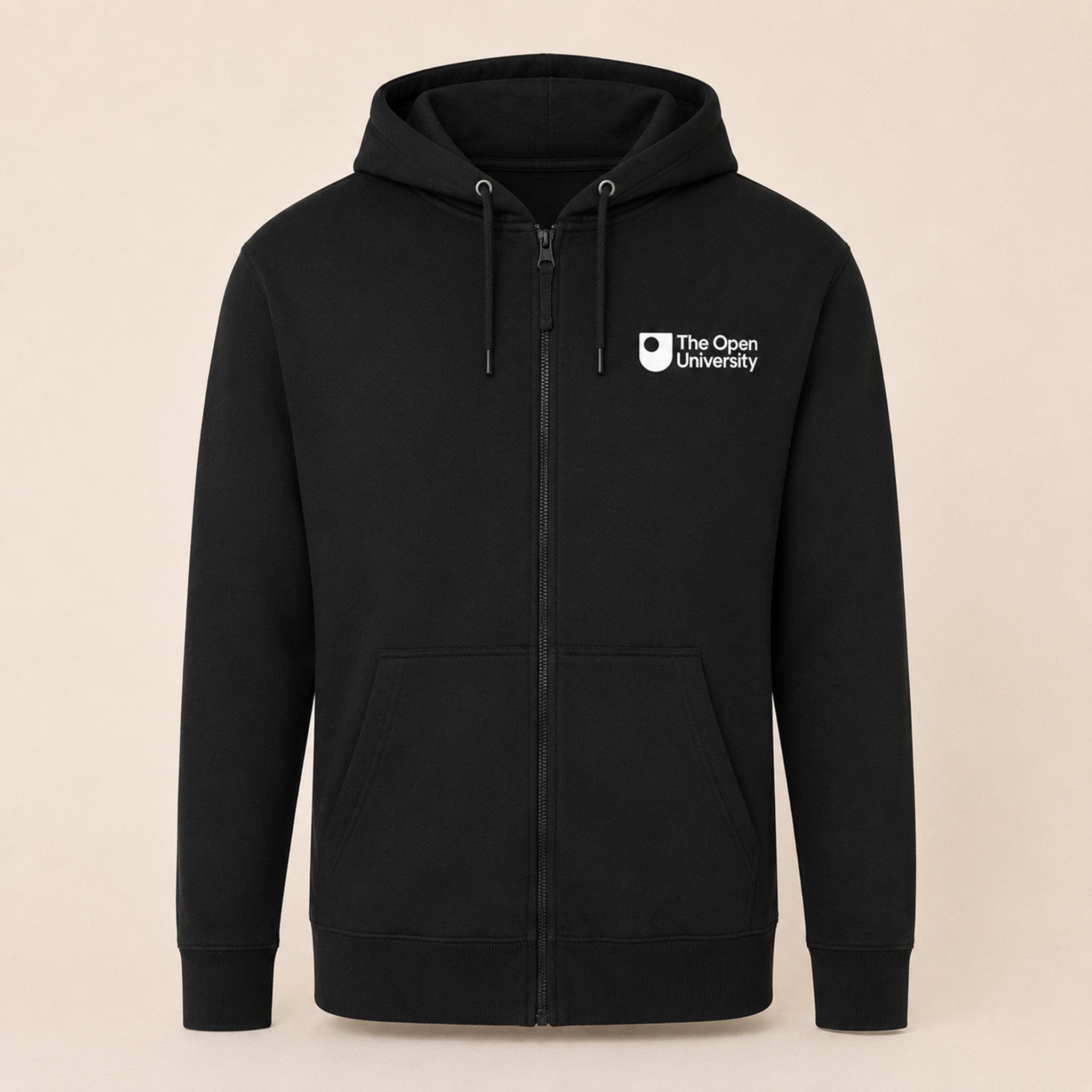 A black zip-up hoodie with a white printed 'The Open University' logo on the left chest, displayed against a solid beige background.