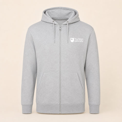 A light gray zip-up hoodie with a white printed logo for 'The Open University' on the left chest, displayed against a solid light beige background.