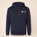 A navy blue zip-up hoodie with a white printed logo for 'The Open University' on the left chest, displayed on a neutral beige background.