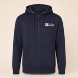 A navy blue zip-up hoodie with a white printed logo for 'The Open University' on the left chest, displayed on a neutral beige background.