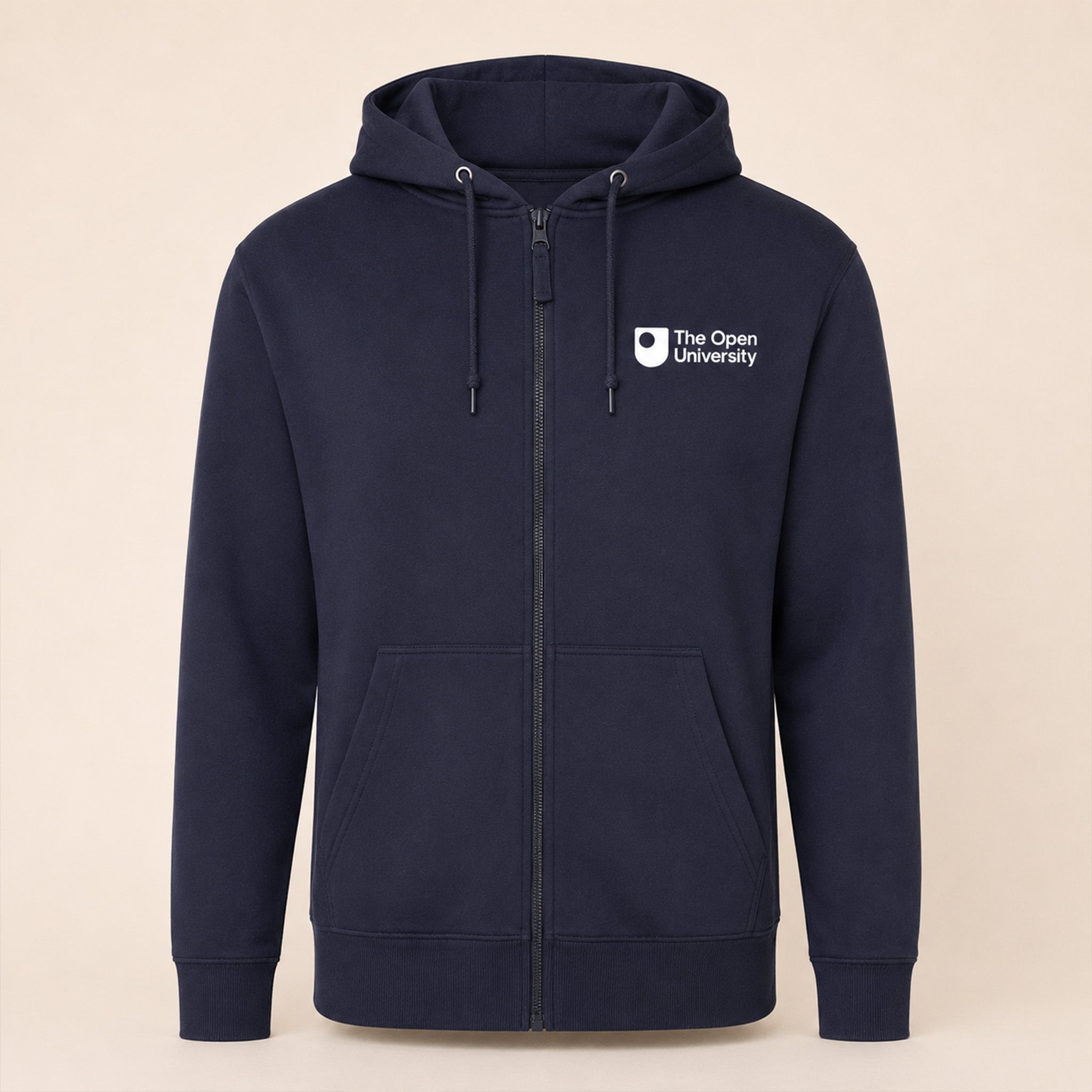 A navy blue zip-up hoodie with a white printed logo for 'The Open University' on the left chest, displayed on a neutral beige background.