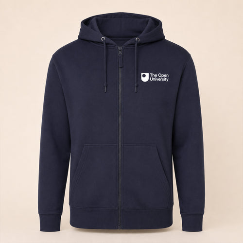 A navy blue zip-up hoodie with a white printed logo for 'The Open University' on the left chest, displayed on a neutral beige background.